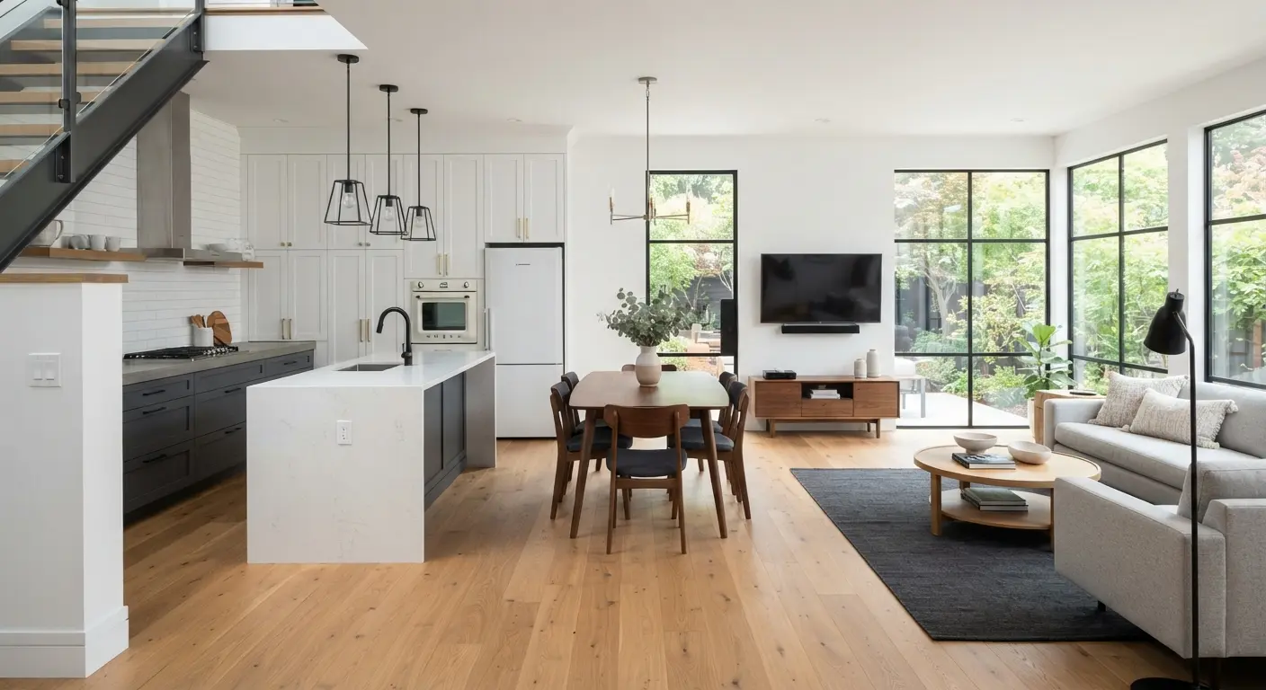 A pristine, modern remodeled open-concept interior featuring warm wood flooring and clean white walls.