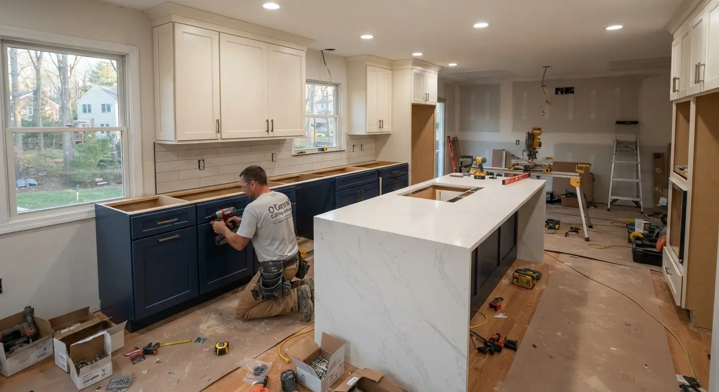 Detailed view of custom cabinetry installation during a kitchen project. Close technical shot of modern kitchen remodeling work in progress.